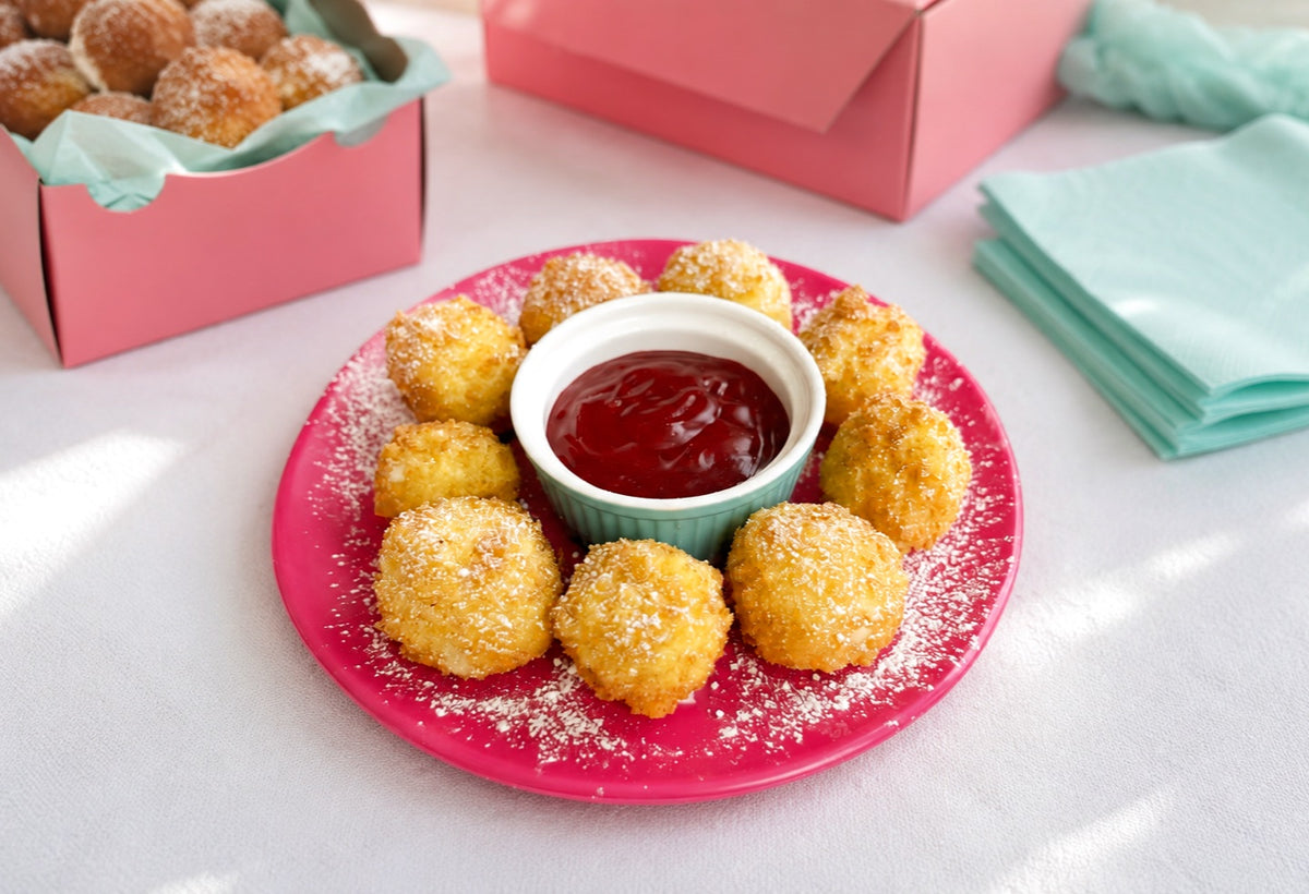 Golden tempura cake bites dusted with powdered sugar and served with raspberry sauce.