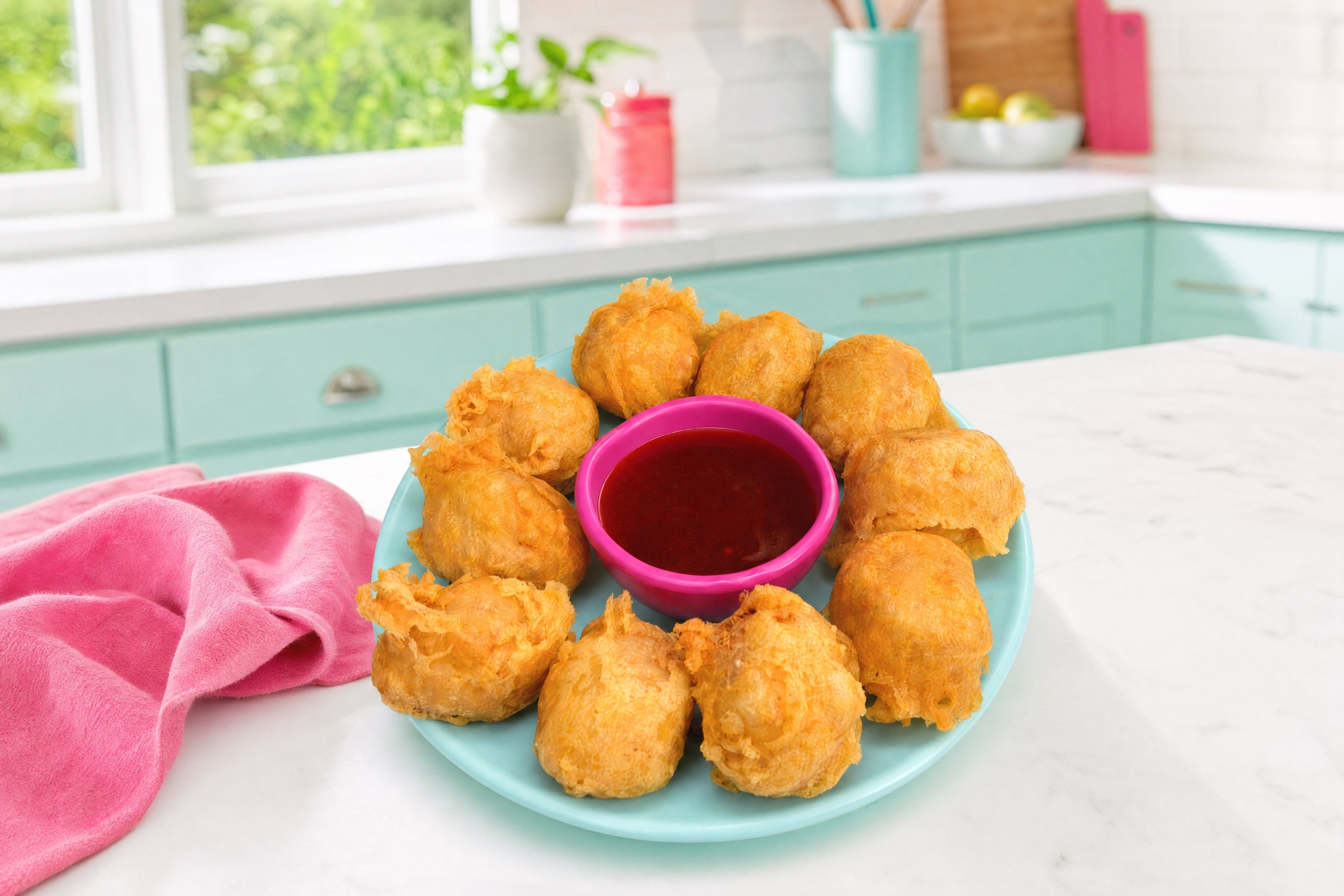Golden tempura chicken nuggies around red dipping sauce on a light blue plate in a bright mint kitchen.