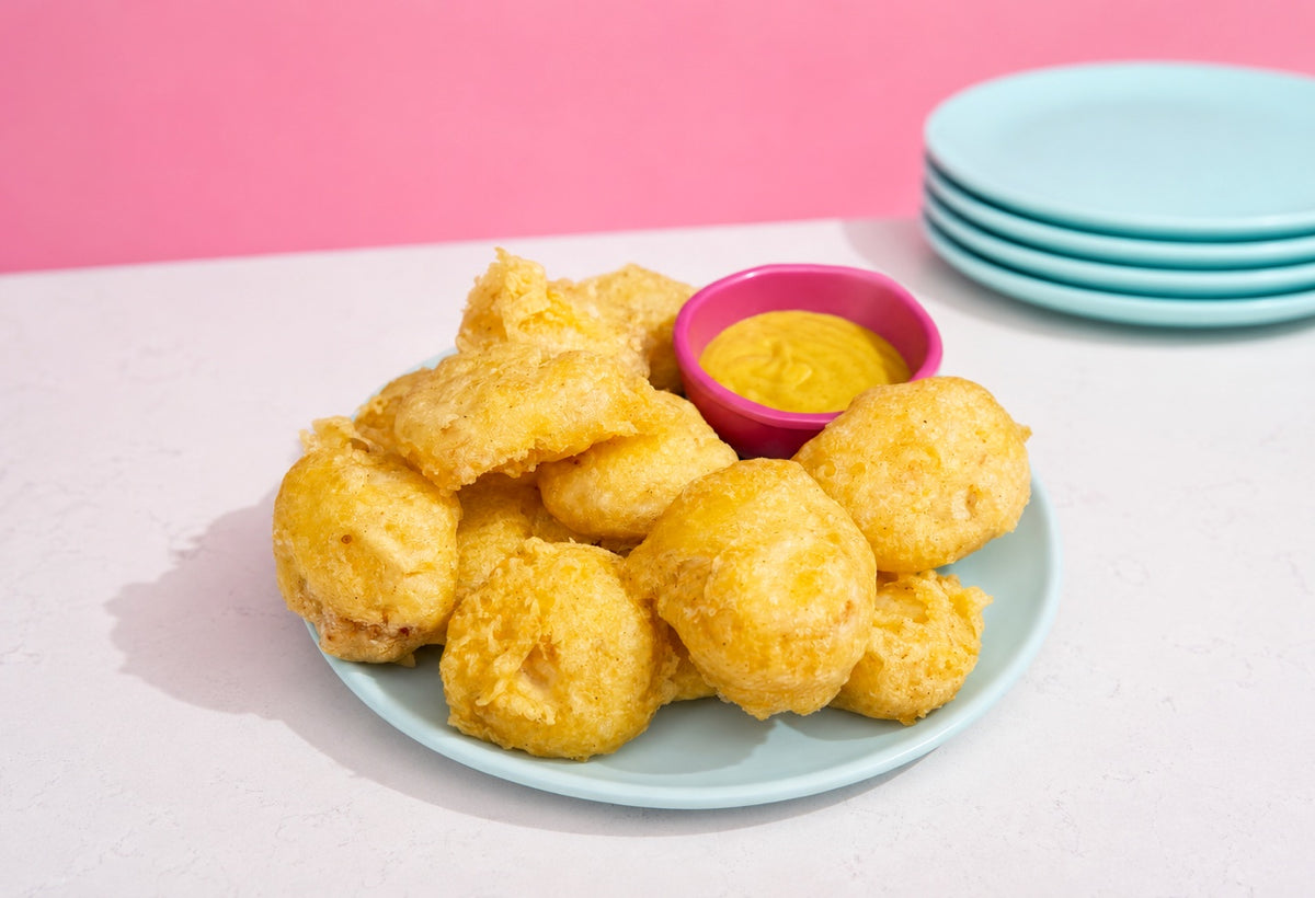 Golden tempura chicken nuggets on a mint-green plate with dipping sauce.