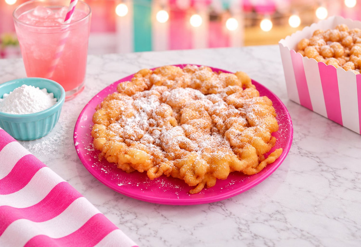 Golden funnel cake dusted with powdered sugar on a hot-pink plate on a white marble counter.