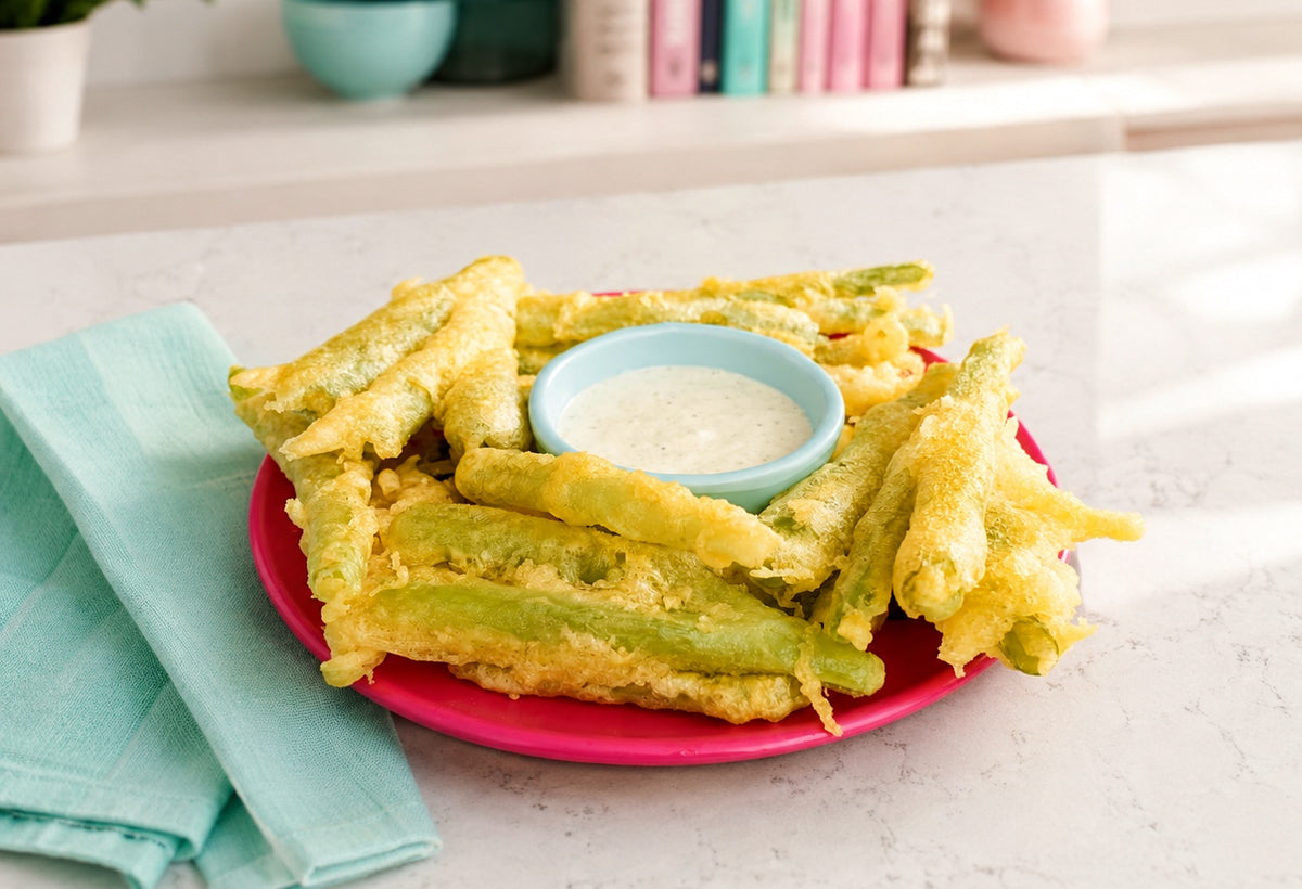 Crispy tempura green onion stalks on a plate with dip