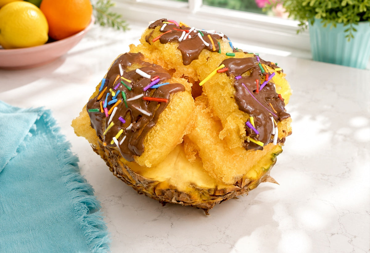 Golden tempura pineapple wedges in a pineapple bowl with melted chocolate and rainbow sprinkles.