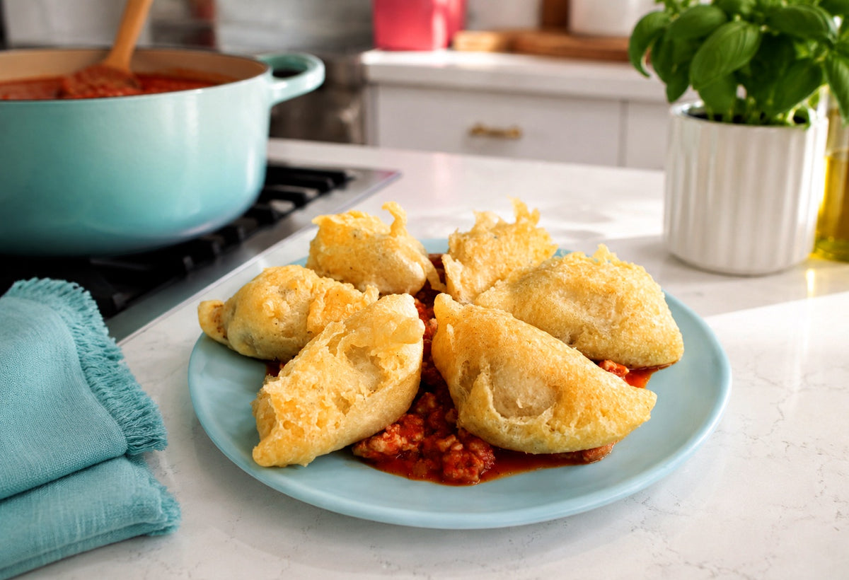 Golden tempura stuffed shells served over chunky marinara sauce on a blue plate.
