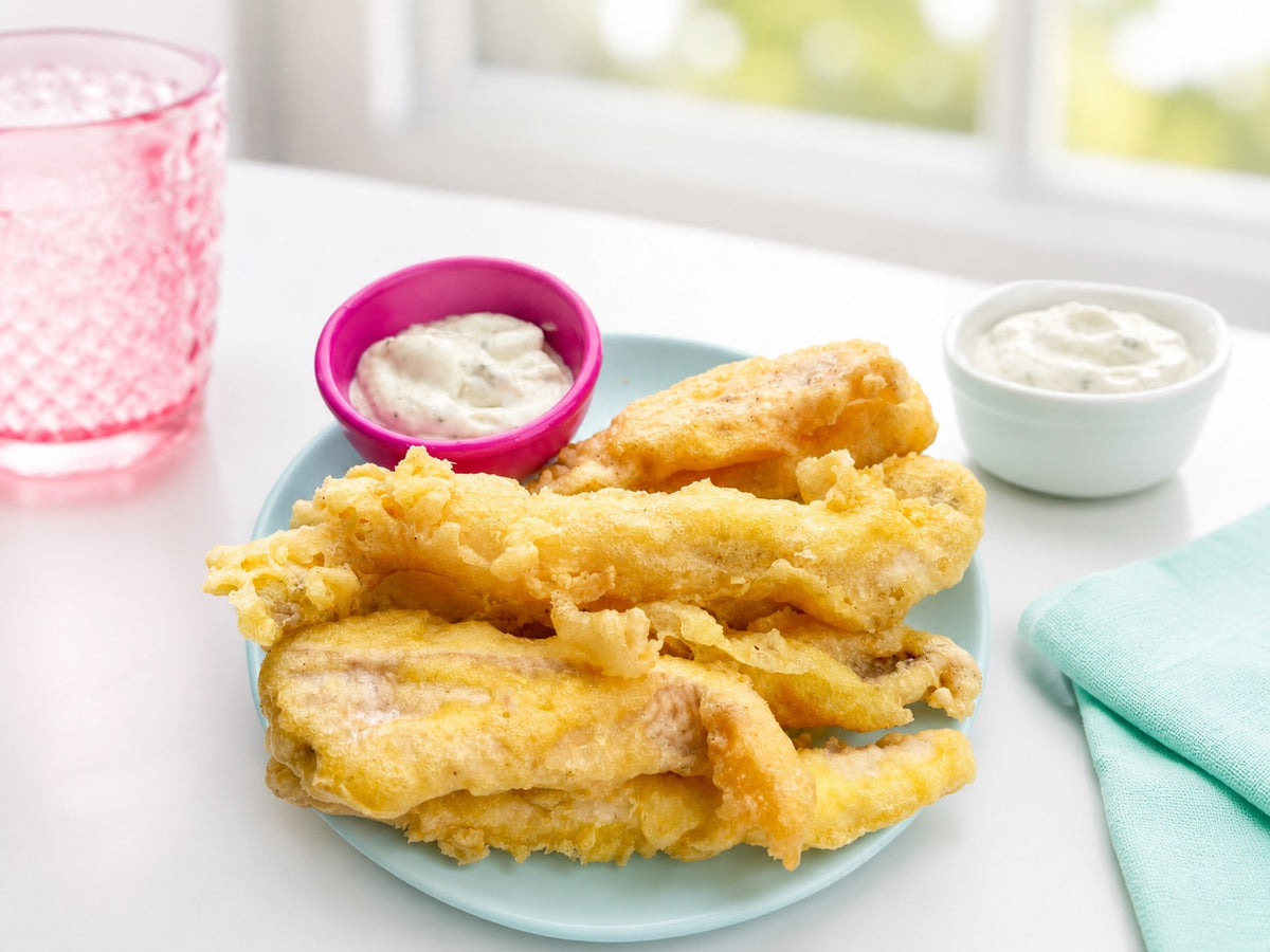 Golden tempura catfish strips on a blue plate with tartar sauce