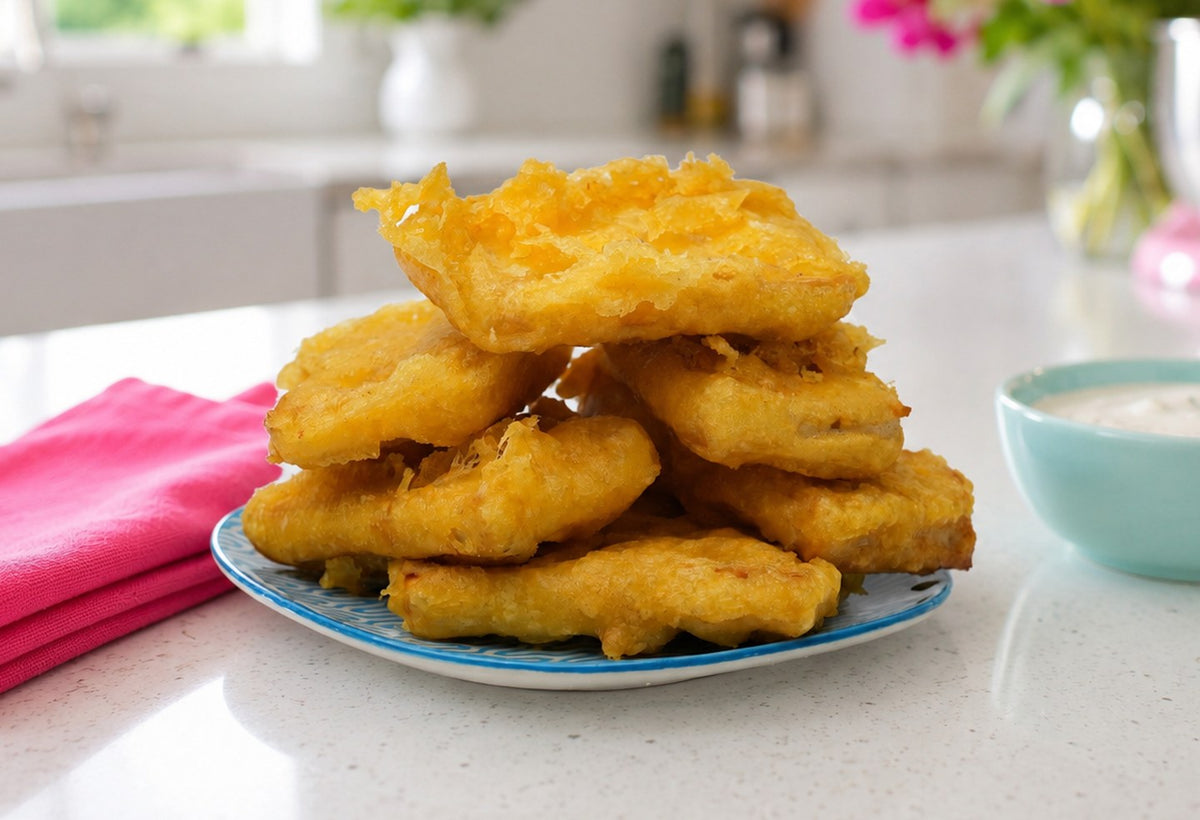 Crispy tempura tofu stacked on a plate in a bright modern kitchen